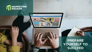The hands of three persons where one is typing on a laptop next to  the message Prepare yourself to succeed